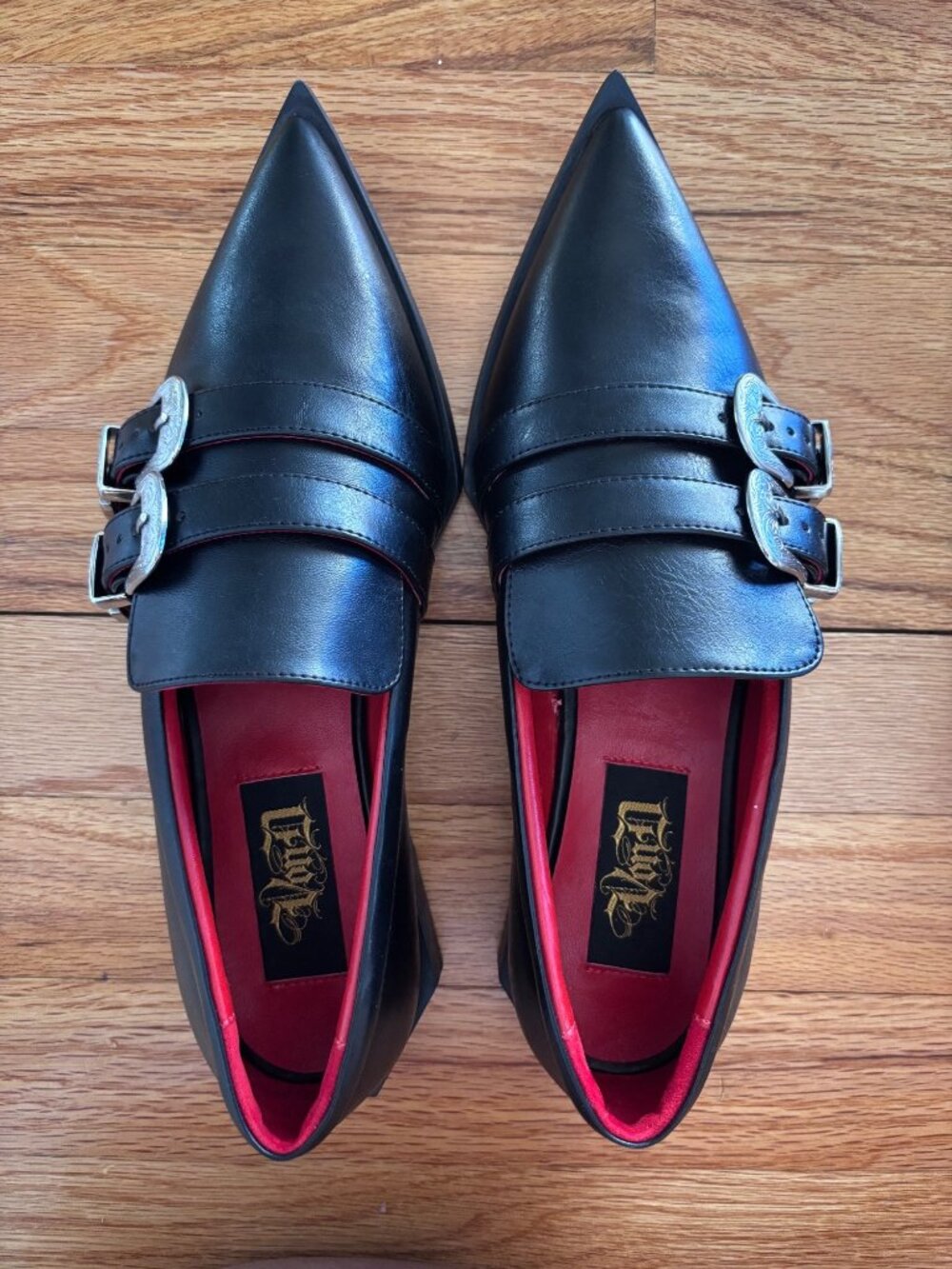 Black Pointed-Toe Loafers With Double Buckle & Red Interior Gothic Style Sz 9 by - Picture 2 of 8